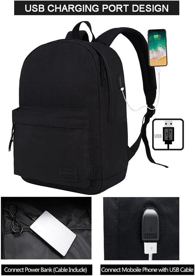 Lightweight Casual Laptop Backpack with USB Charging Port for Men and Women - Dark Black College Bookbag