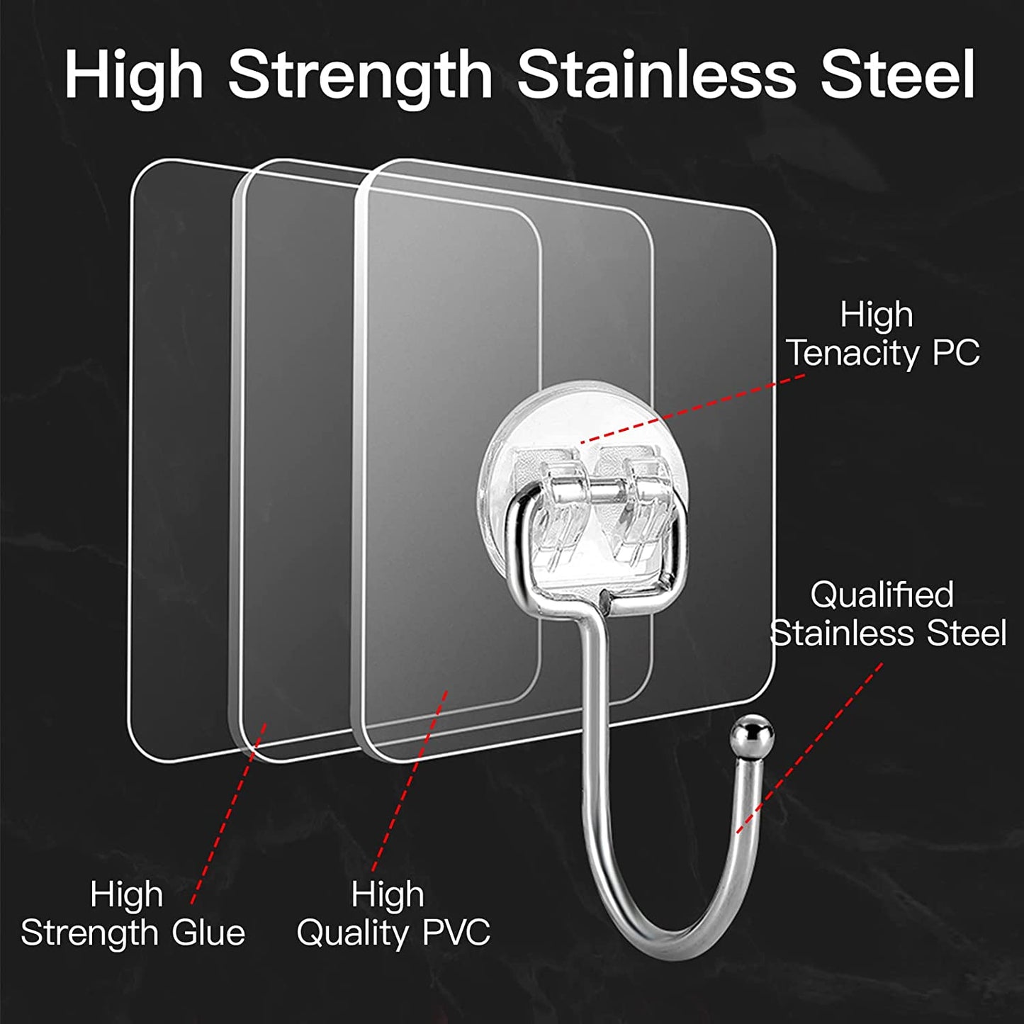 Heavy-Duty Large Adhesive Hooks - 10 Pack, 44 lb Max Capacity, Traceless Clear Removable Wall Hooks, Waterproof, Rustproof