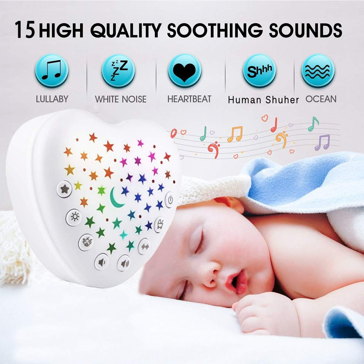 White Noise Machine Baby Sleep Soother - 15 Soothing Sounds, Projector Night Light, Cry Sensor, Rechargeable Battery, Portable Attachment