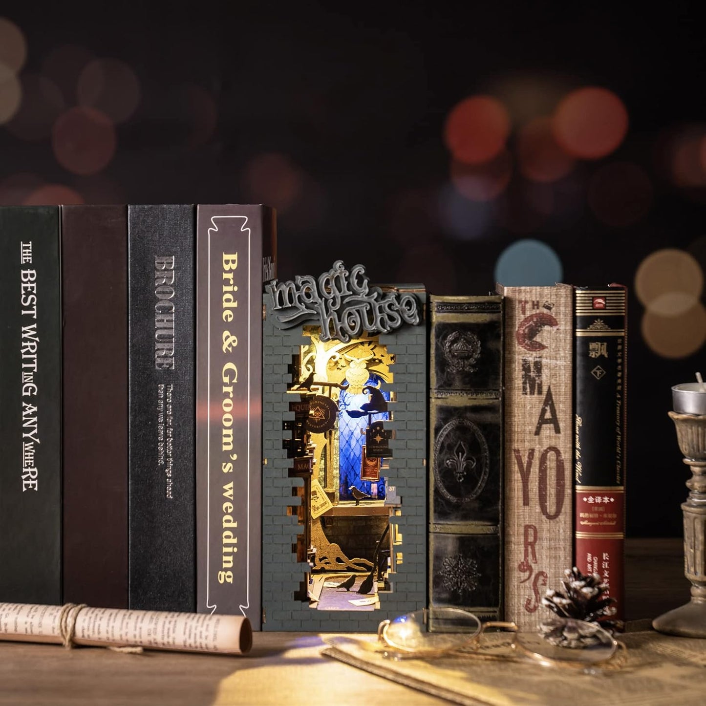 Book Nook 3D Wooden Puzzle, DIY Bookshelf Insert Decor Building Set Model Kit with LED Light for Adults Kids- Magic House
