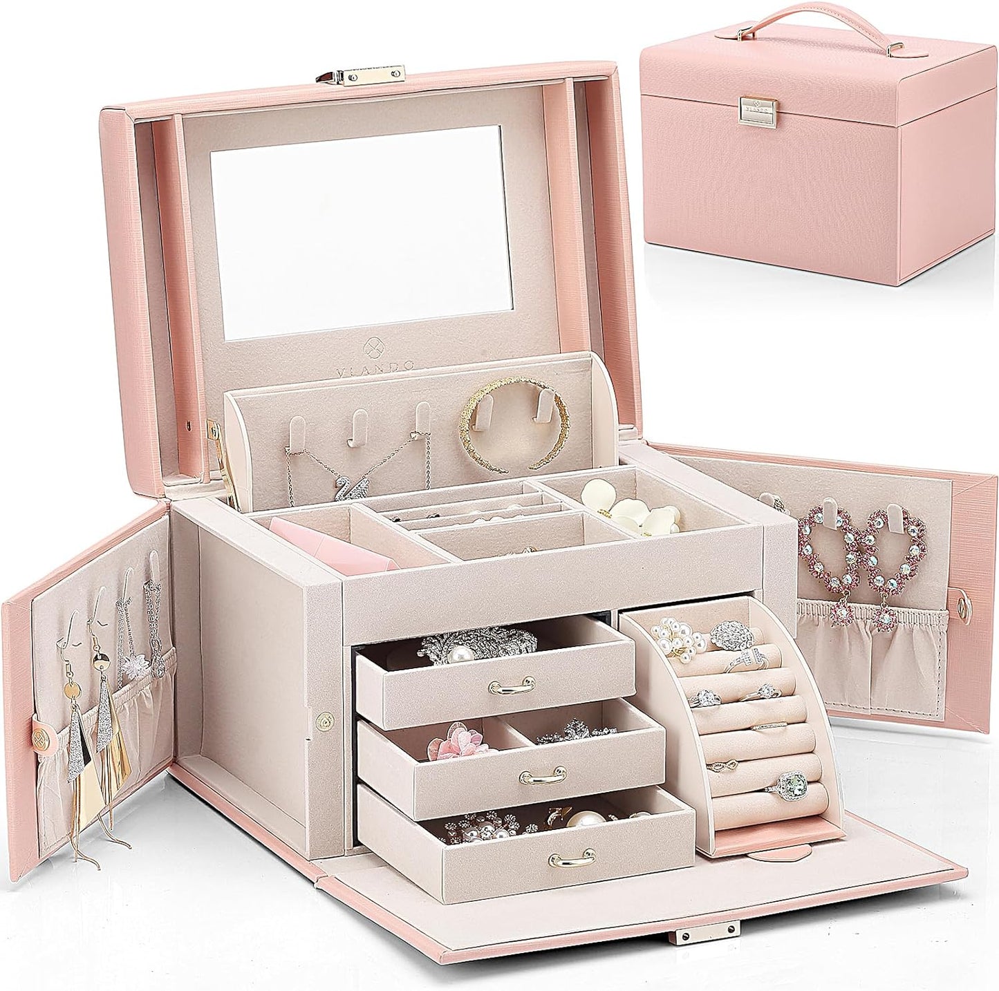Elegant Baroque Jewelry Organizer-Spacious Storage Box with Mirror and Drawers for Bracelets, Earrings, Rings, Necklaces
