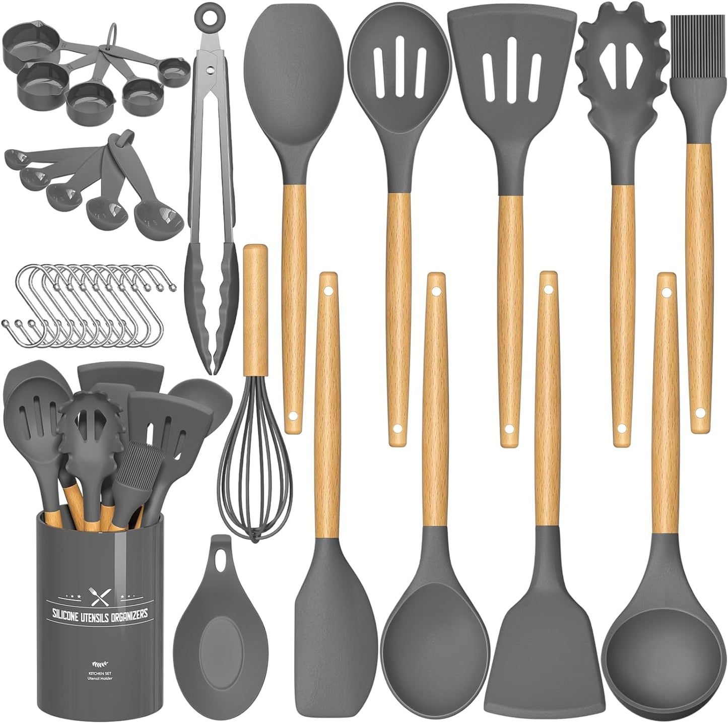 33-Piece Non-Stick Silicone Kitchen Utensils Set with Wooden Handles and Holder (Khaki)