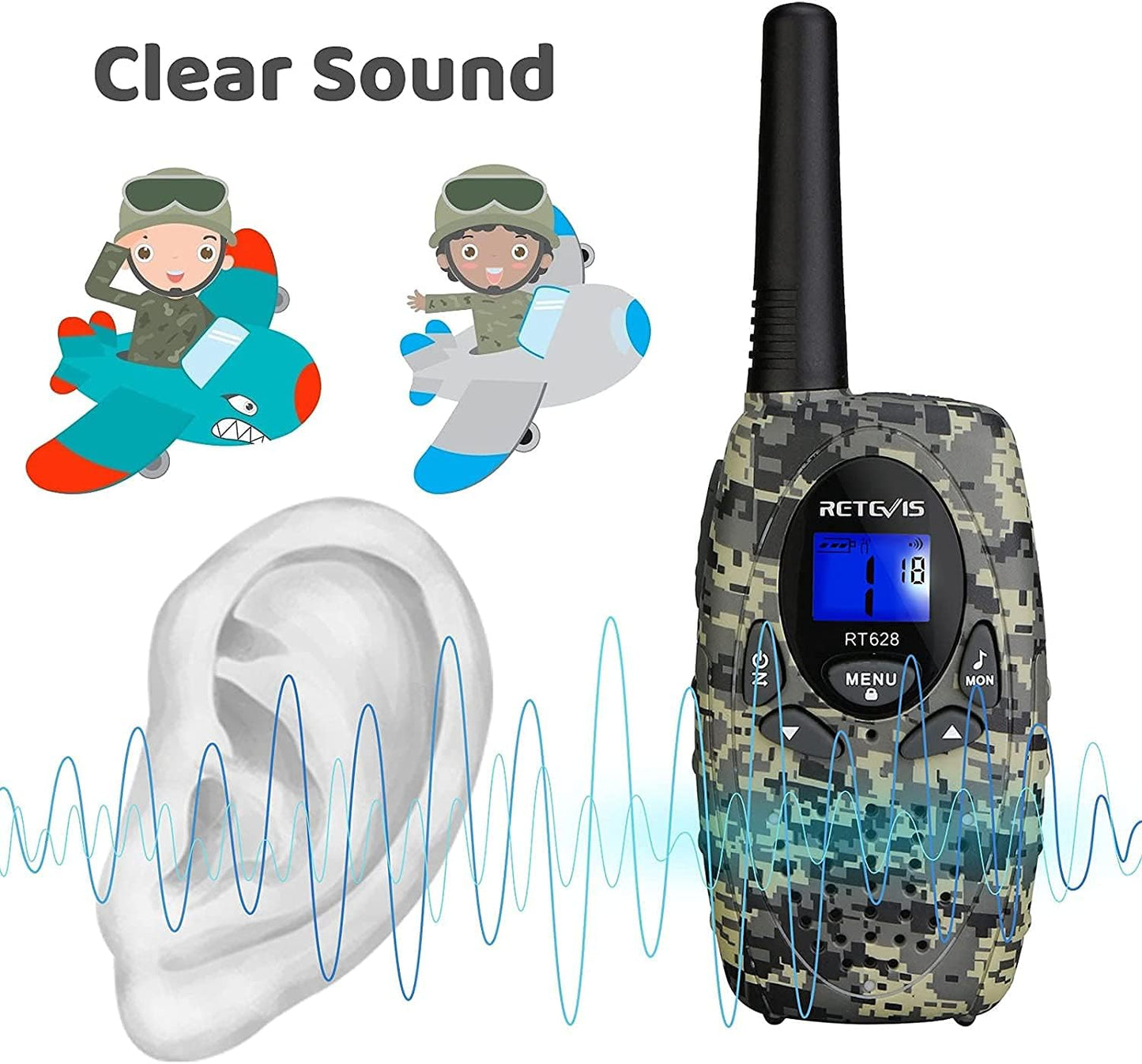 RT628 Walkie Talkies for Kids, Long Range 2-Way Radio- 22 Channels and Backlit LCD, Outdoor Adventures, Camping (Camo, 1 Pair)