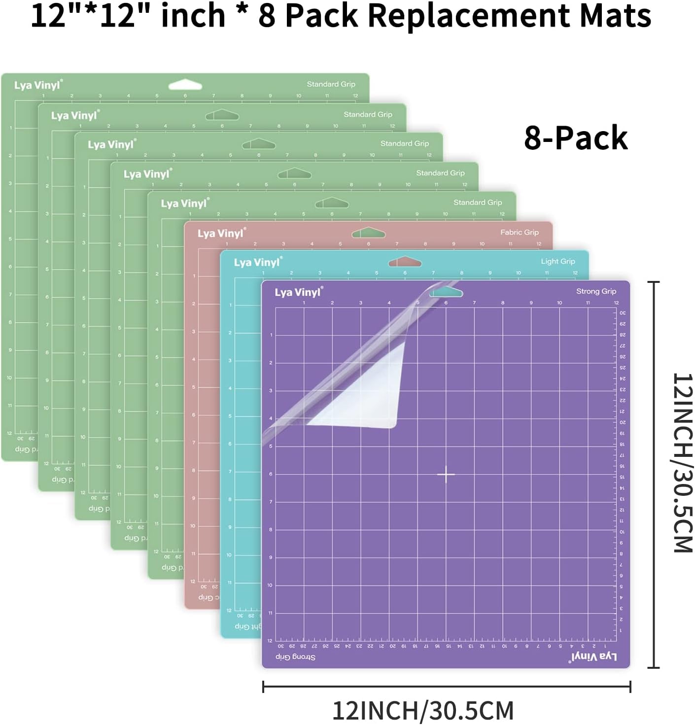 8-Pack Cutting Mats -12x12 Inches Variety Set-Permanent Vinyl, Standard, Light, Strong, Fabric Grip