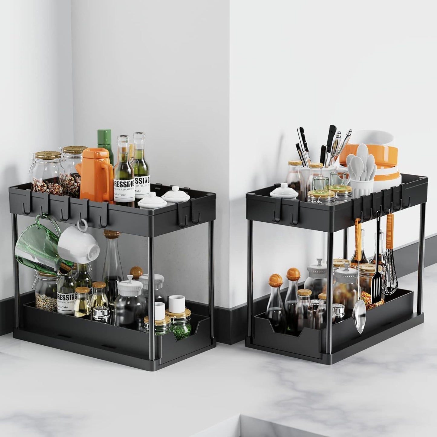 Under Sink Organizer and Storage Solution - 2-Tier Cabinet Shelf with 8 Hooks and Spice Rack for Kitchen and Bathroom