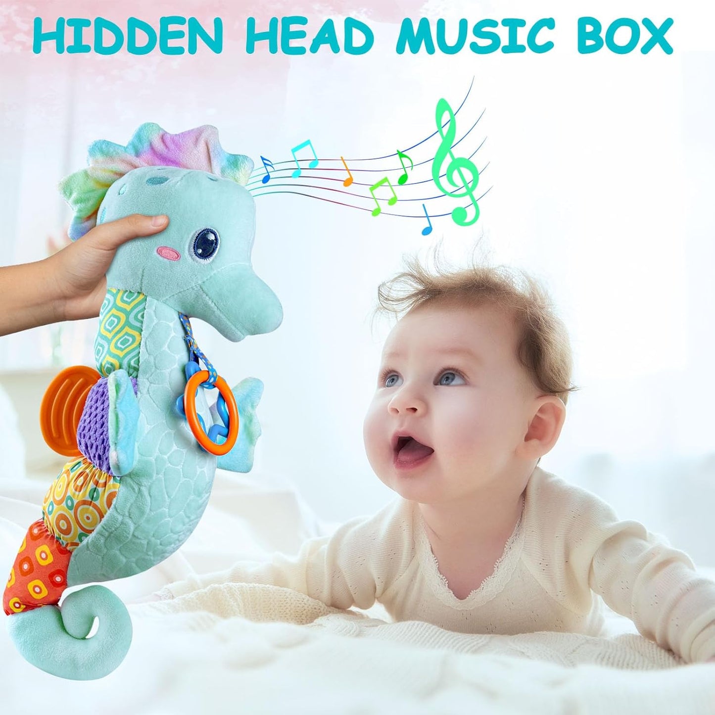 Infant Musical Stuffed Animal Toy - Soft Multi-Textured Rattle - Crinkle Sound, Babies 0-12 Months (Blue)