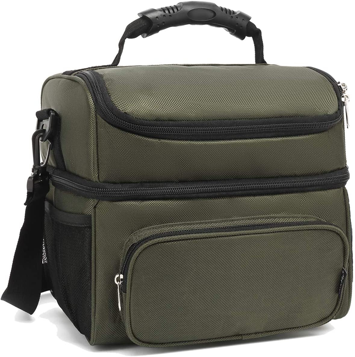 Insulated Adult Lunch Bag - Large Double Layer Cooler Tote with Adjustable Strap, Front Pocket, and Mesh Side Pockets in Army Green