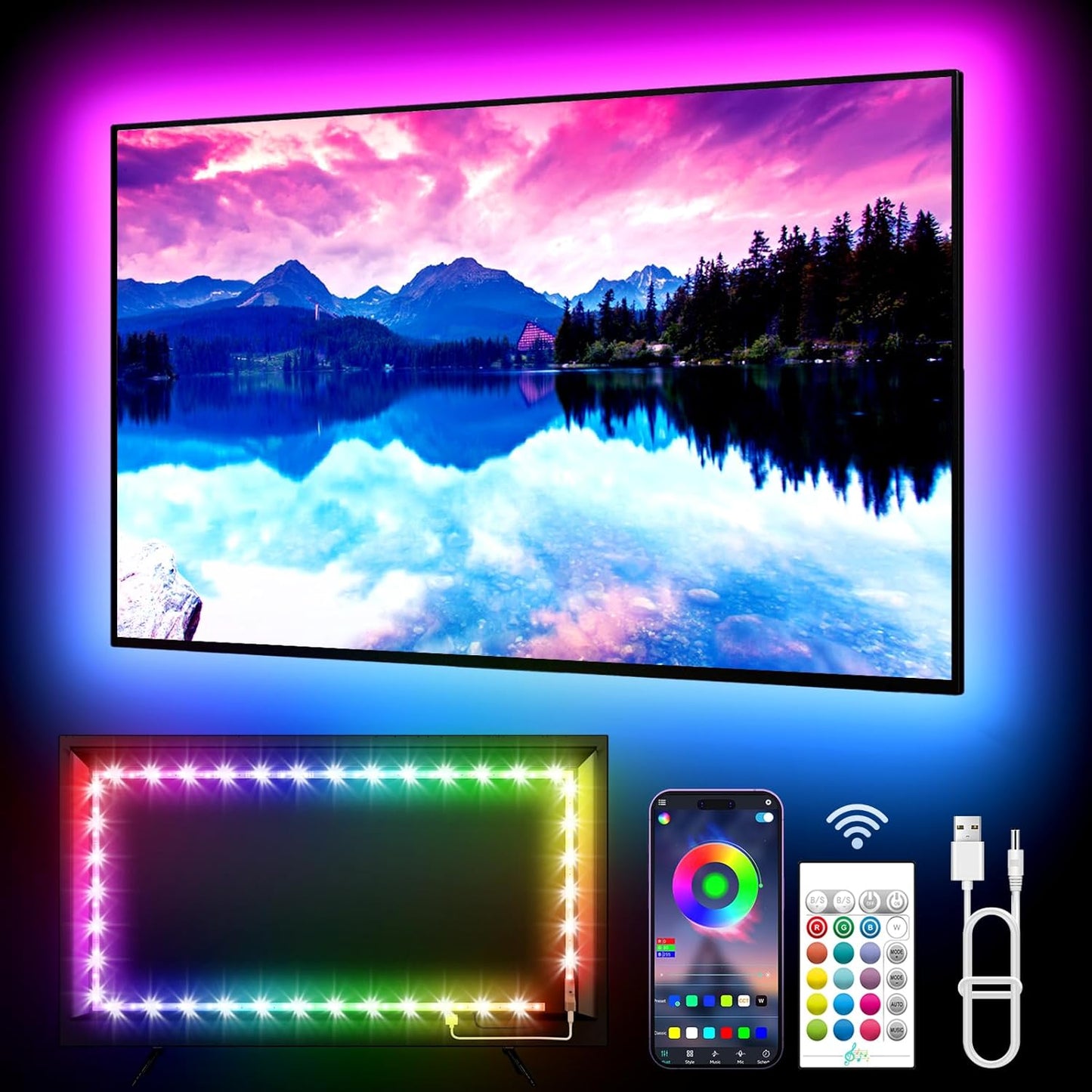 LED Backlight for TVs, 11.4Ft RGB Strip Lights for 32-50 Inch Monitors, Remote and Bluetooth APP Control, Music Sync, USB Powered Room Decoration