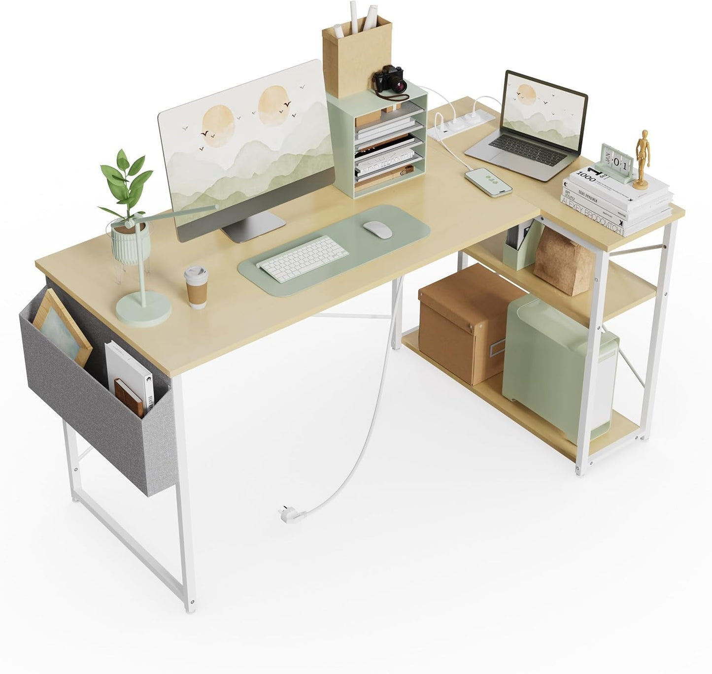 L-Shaped Computer Desk with Power Outlets, 40-Inch Reversible Shelves - Gaming and Home Office Use in Small Spaces, White