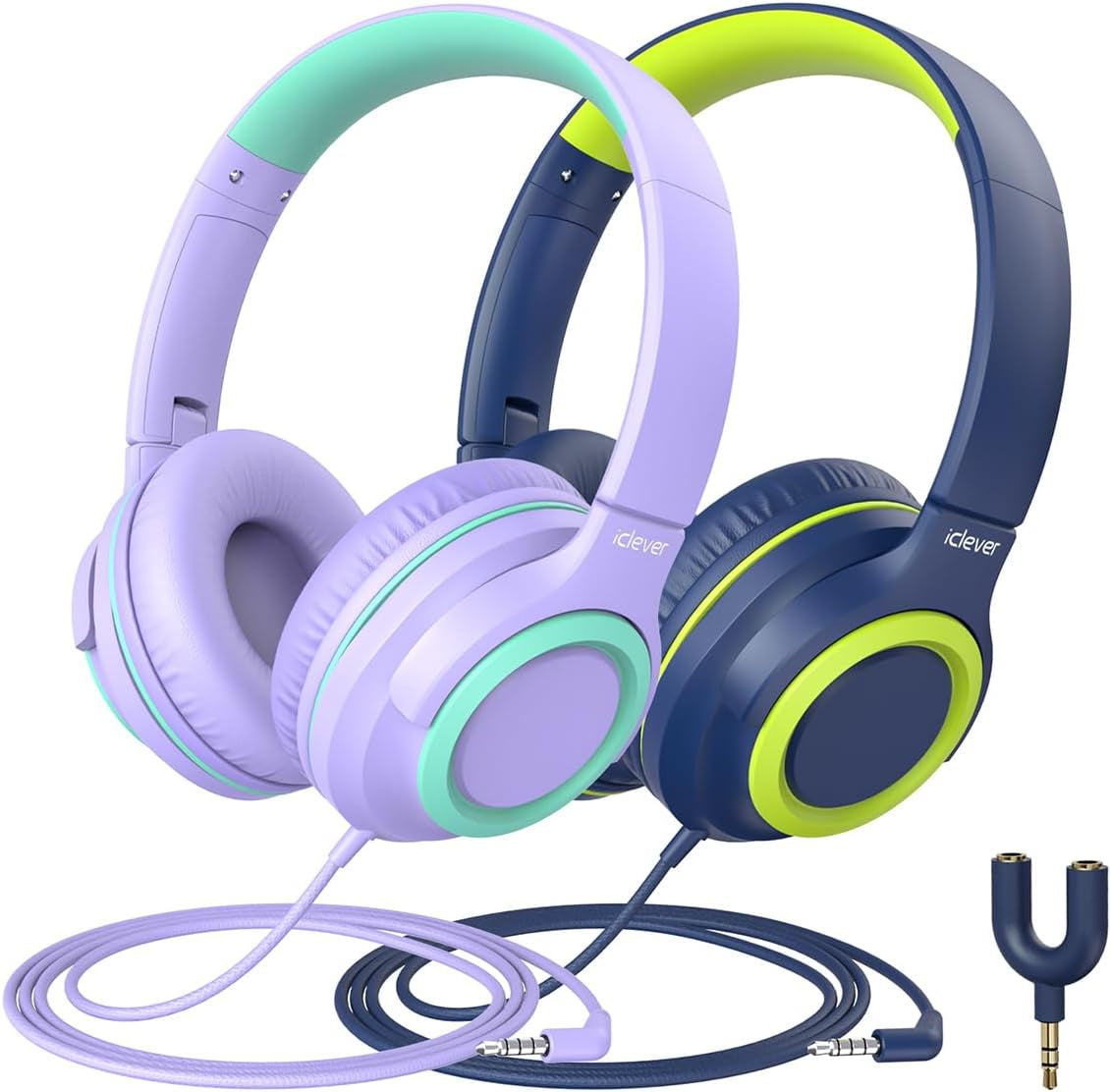 2-Pack Children's Headphones with Sharing Splitter - 94dB Volume Limiting - HS22 Wired Stereo Headphones for Kids and Teens, Tangle-Free 3.5mm Jack, Foldable Design for School, Tablets, and Travel