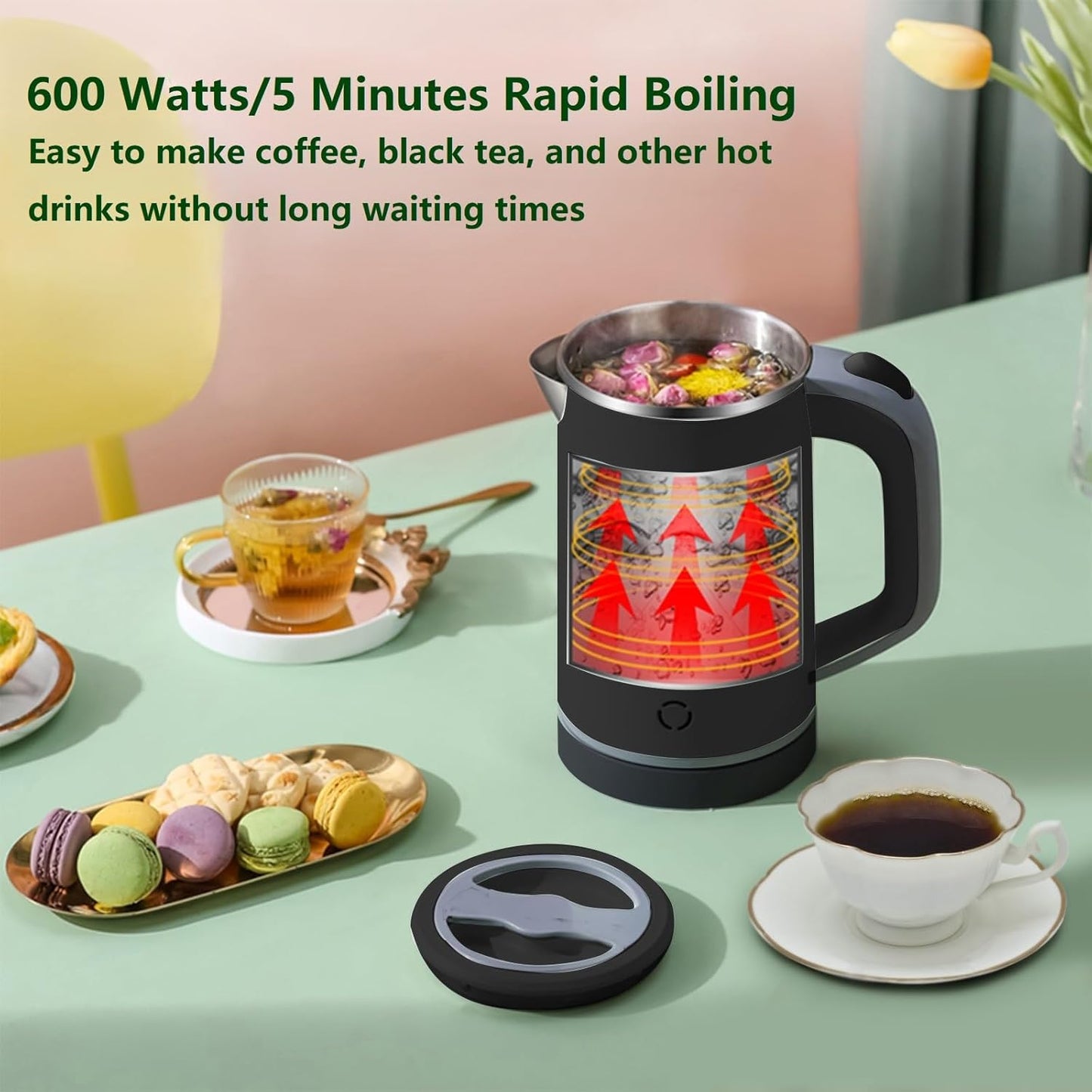 800ml Electric Kettle with Fast Boiling, Double Wall Design, Auto Shut-Off, Boil-Dry Protection, and BPA-Free Stainless Steel Cool Touch Finish (Black)