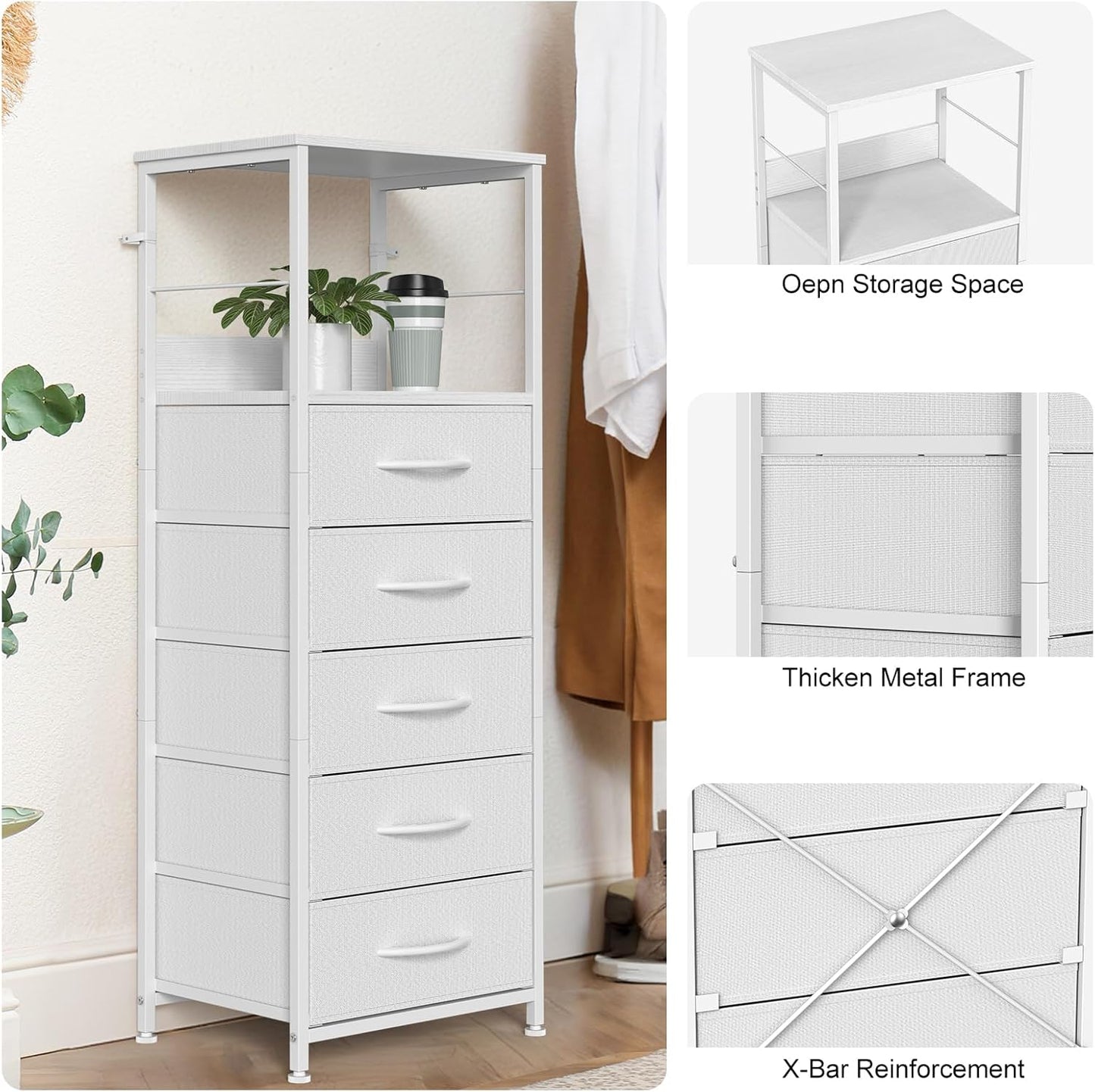 5-Drawer White Dresser, Clothes Organizer Storage Unit Chest of Drawers with Sturdy Frame & Easy Pull Handle, Tall Fabric Dresser for Bedroom, Living Room, Closet, Entryway, Nursery
