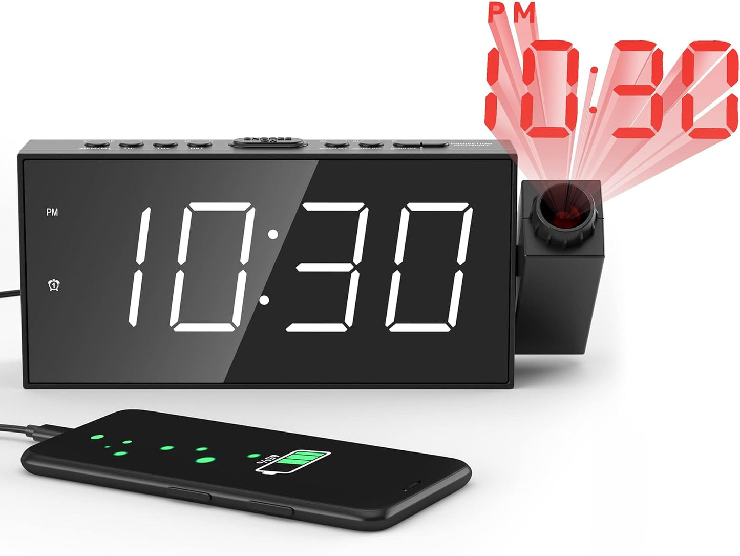 Projection Alarm Clock with 7" LED Display, Adjustable Dimmer, 5 Volume Levels, 9-Minute Snooze, Dual Alarm Functionality, USB Charging Port