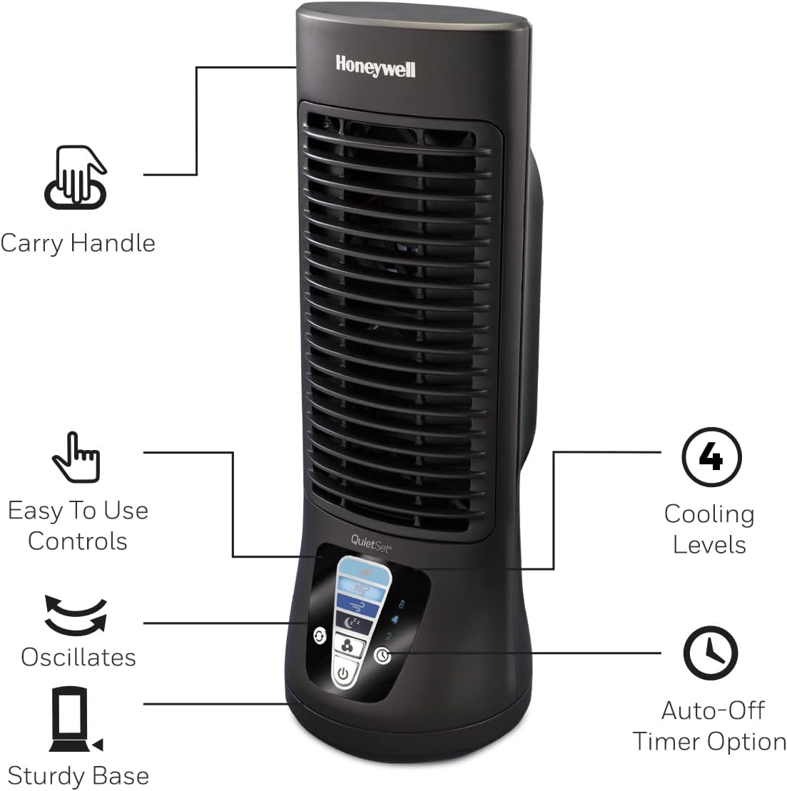 13" Oscillating Personal Desk Fan - Compact Mini Tower Design, Portable with User-Friendly Controls and 4 Speed Settings, Black