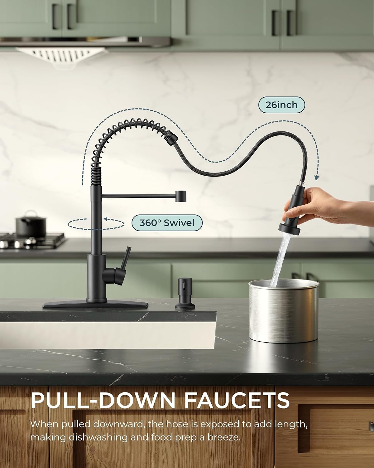 Matte Black Commercial Kitchen Faucet with Pull-Down Sprayer and Deck Plate, Single Handle Design