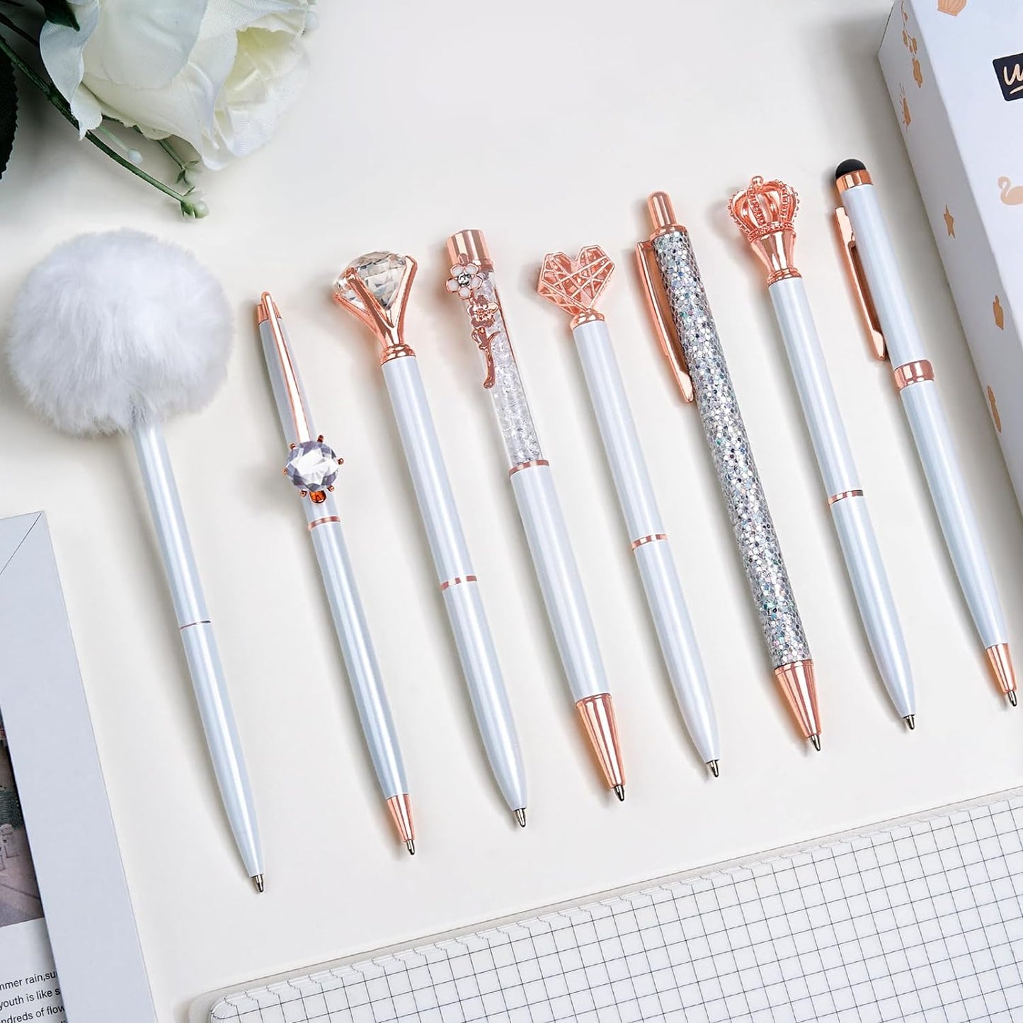 8Pcs Ballpoint Pens Set Purple Pens Set Purple Ballpoint Pen Bling in Black & Blue Ink Metal Crystal Diamond Pen for Journaling Glitter Fancy Pens Gifts for Women Wedding Office