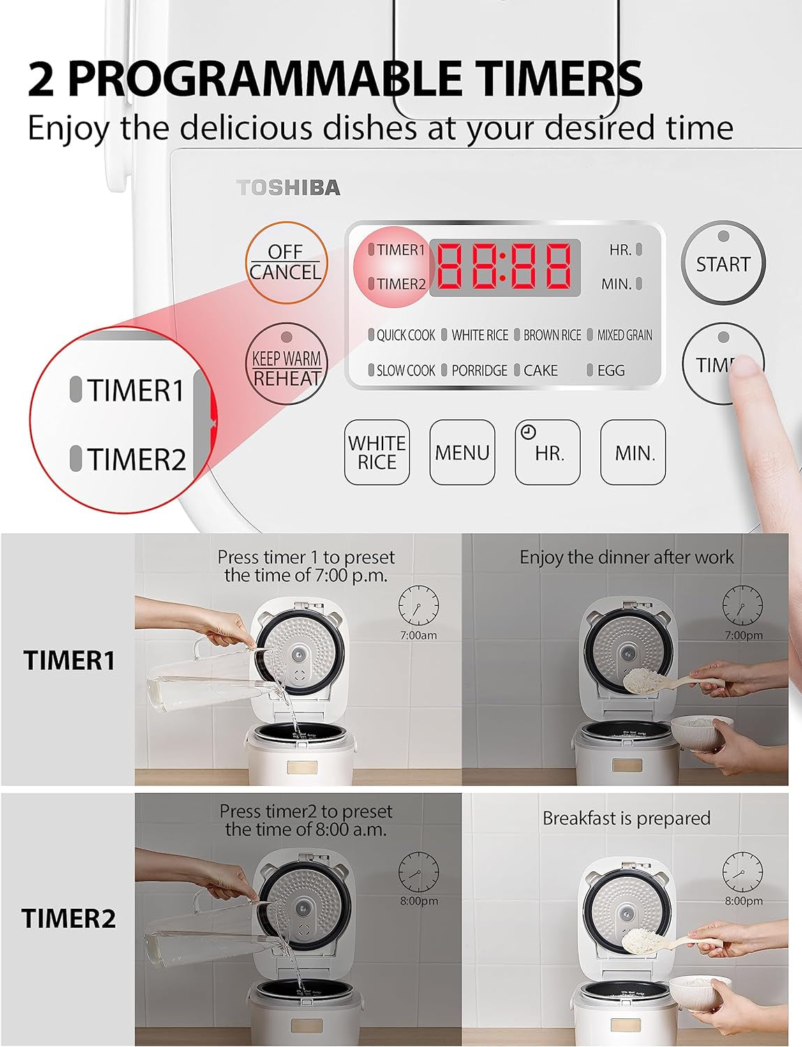 Rice Cooker Small 3 Cup Uncooked – LCD Display with 8 Cooking Functions, Fuzzy Logic Technology, Delay Timer. Auto Keep Warm, Non-Stick Inner Pot, White