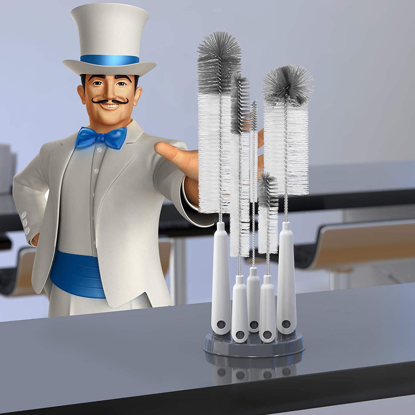5 Pack Bottle Brush Cleaning Set - Storage Holder, Cleaning Brushes - Long Narrow Neck Bottles, Water, Baby Bottles, Tumblers, Drinking Glasses, Strews