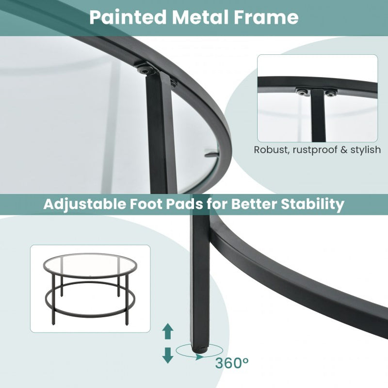 35.5-Inch Round Coffee Table with Tempered Glass Top