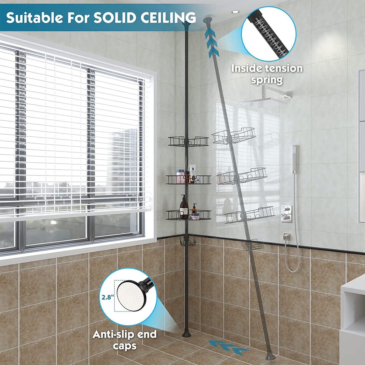 Rustproof Adjustable Shower Caddy - Tension Pole Corner Organizer for Bathroom and Bathtub Storage, 39-125 Inches, Black