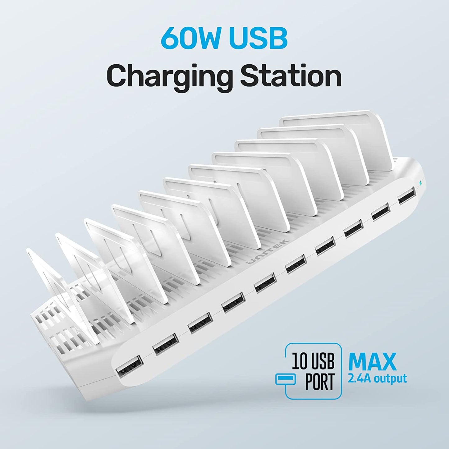 10-Port USB Charging Station with Smartic Technology and Adjustable Dividers for iPad, Tablet, Kindle, and iPhone