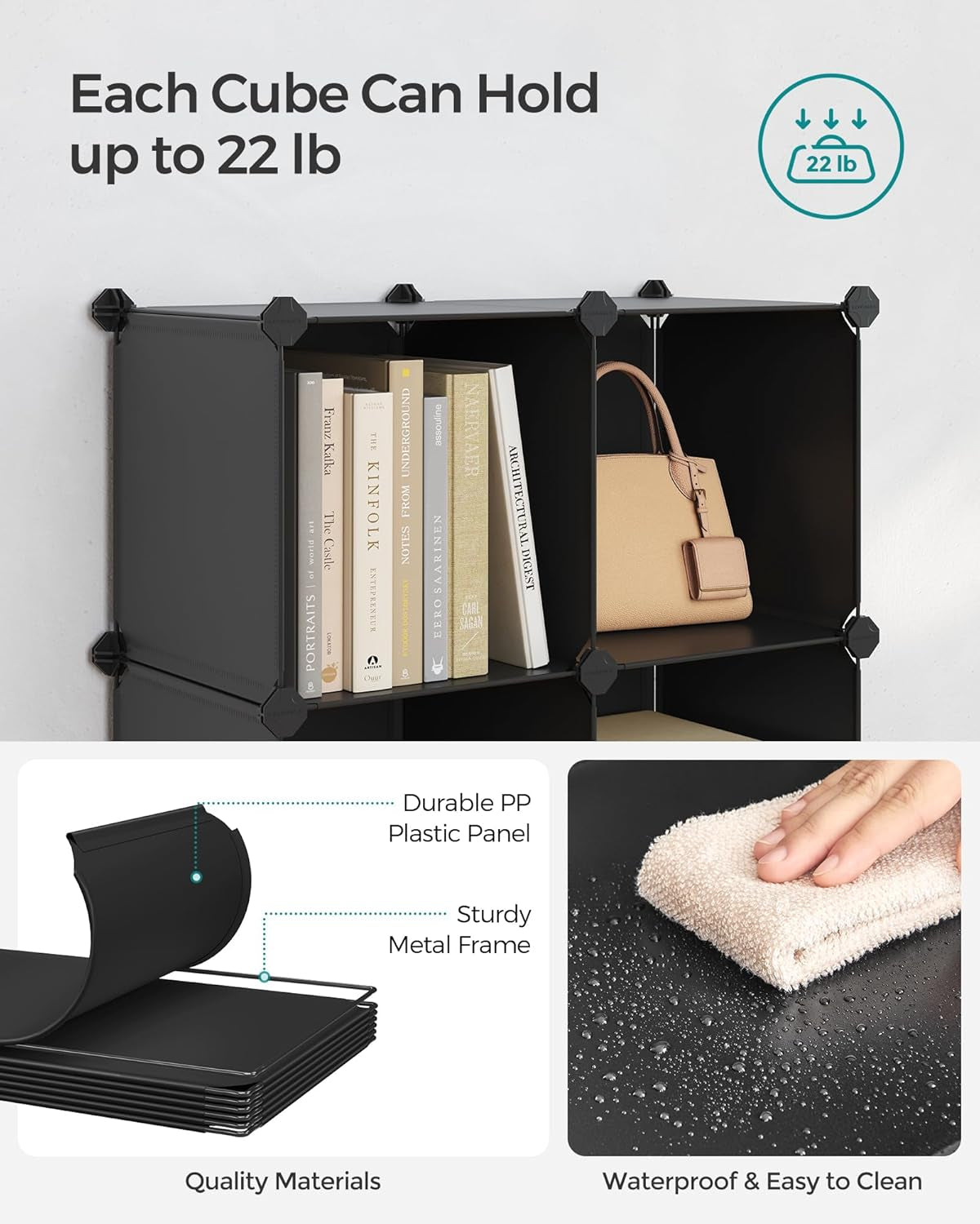 6 Cube Storage Organizer, DIY Closet Shelf, Plastic Clothes Organizer, Modular, 11.8 X 11.8 X 11.8 Inch Cubes, with Feet and Rubber Mallet, Black