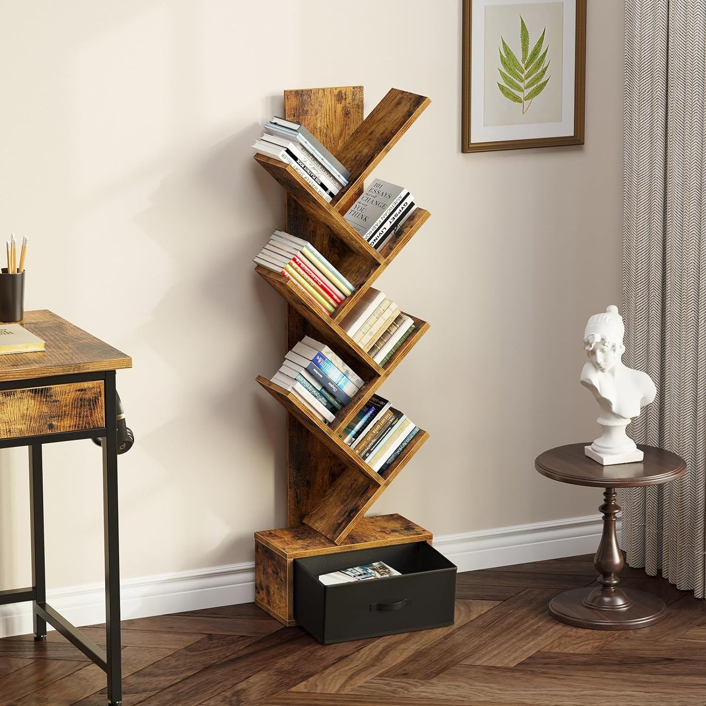 7-Tier Rustic Brown Bookshelf with Drawer, Wooden Storage Rack for CDs, Movies, and Books, Versatile Organizer