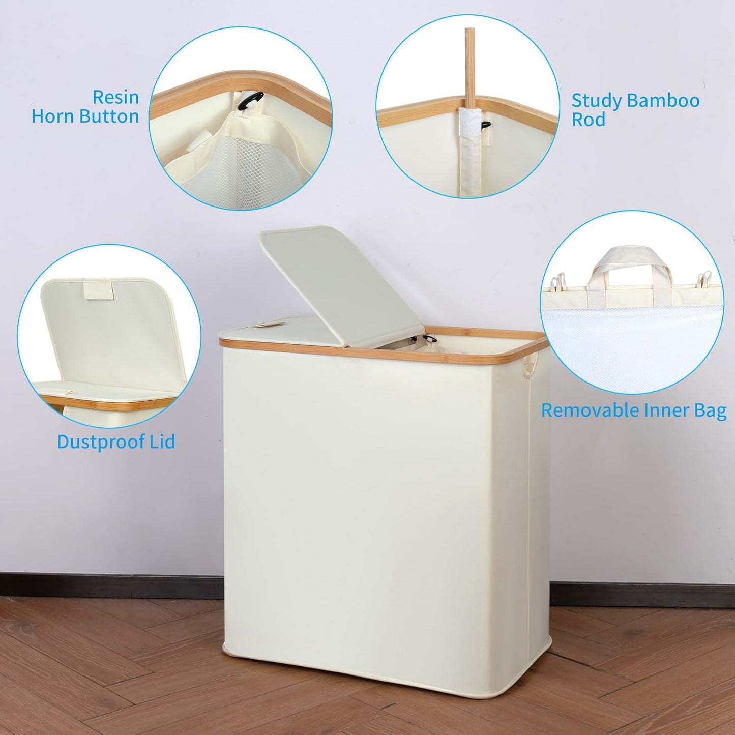 Laundry Hamper with Lid, Double Laundry Hamper with 2 Removable Bags, 2 Section Laundry Basket with Bamboo Handles for Bathroom, Bedroom & Laundry Room, 140L (36.9 Gallon) Beige