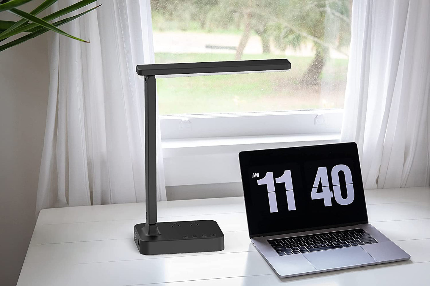 LED Desk Lamp, Desk Light with 1 USB Charging Port and 2 AC Power Outlet, 3 Lighting Modes, 3 Level Brightness,1H Timer, Touch Control (Black)