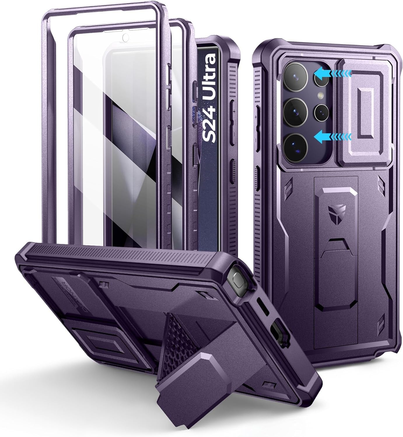 Samsung Galaxy S24 Ultra Heavy-Duty Rugged Case with Built-In Slide Camera Cover, Screen Protector, and Kickstand - Black