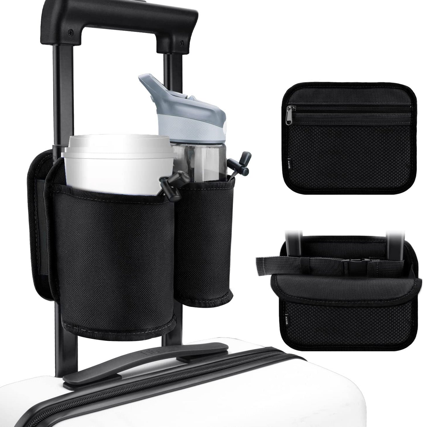 Luggage Travel Cup Holders for Roll-On Suitcase Handles - Beverage Carrier for Coffee Mugs and Drinks