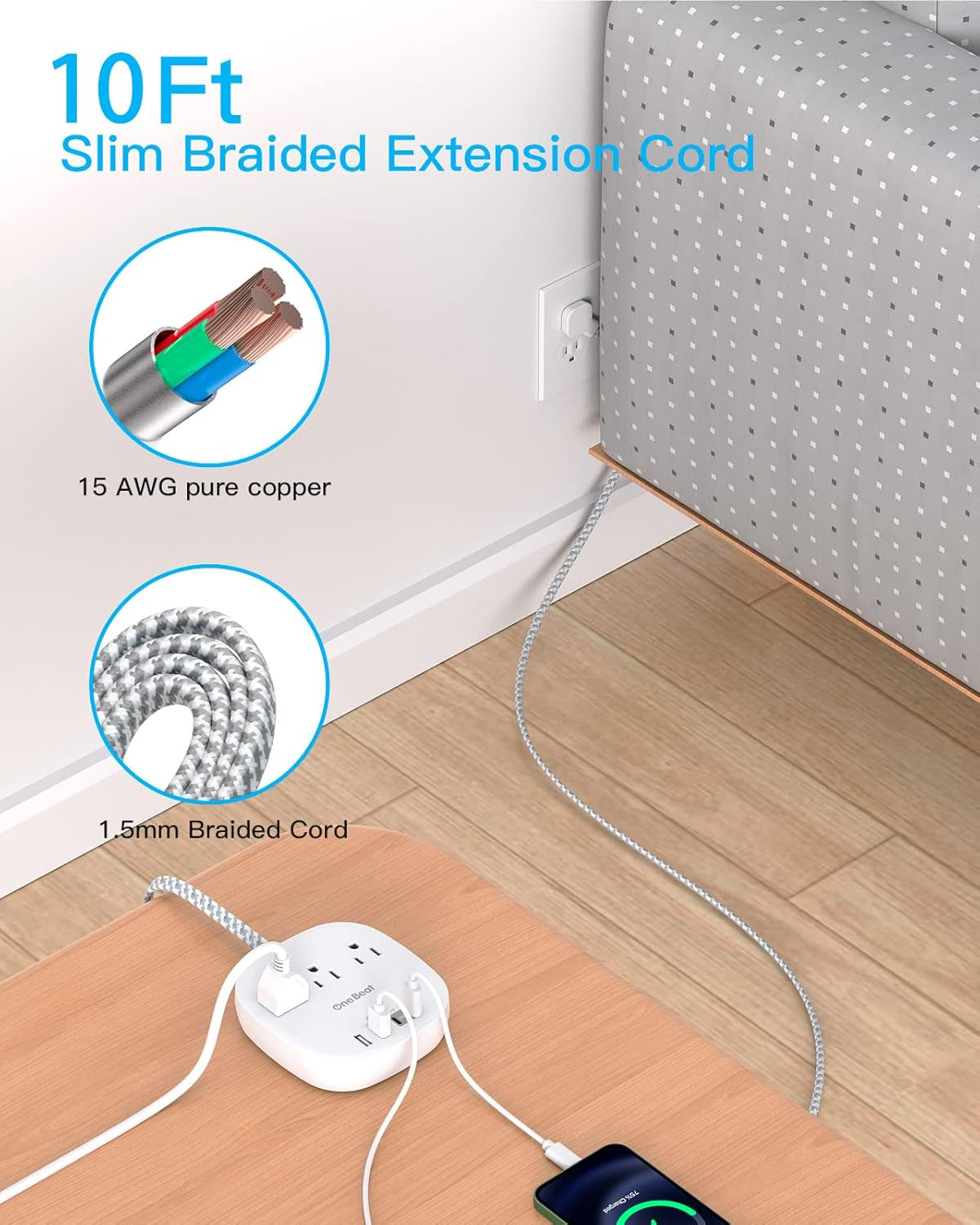 10-Foot Ultra-Thin Flat Plug Power Strip with 3 Outlets and 4 USB Ports (2 USB-C) - Desktop Charging Station - Travel and Dorm Room Use, No Surge Protection