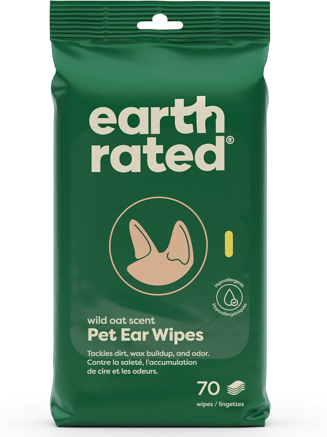 Hypoallergenic Pet Ear Wipes for Dogs and Cats - Oatmeal Scent, 70 Count, Effectively Removes Dirt and Wax Build-Up