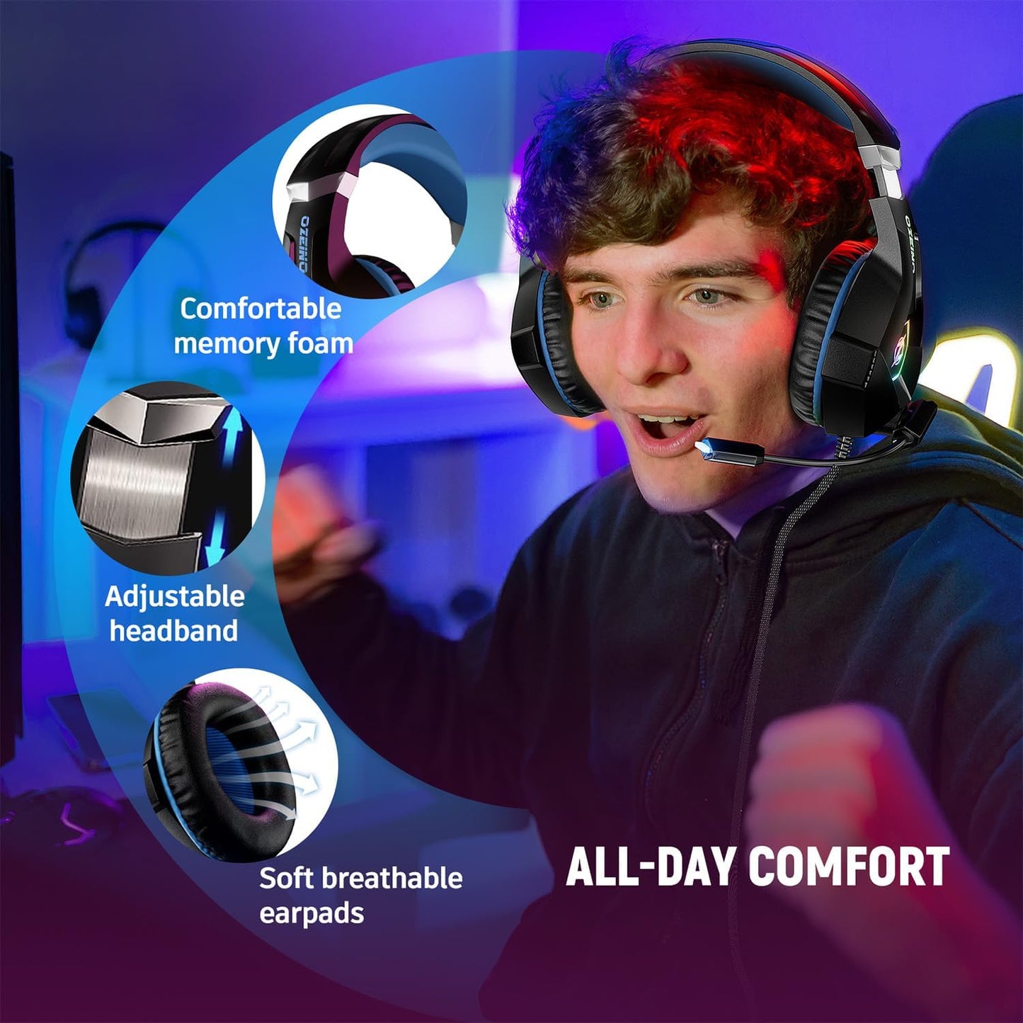 Gaming Headset for PS5, PS4, PC, and Xbox Series X/S - Over-Ear Design with Noise-Cancelling Mic, RGB Lighting, and Deep Bass Stereo Sound