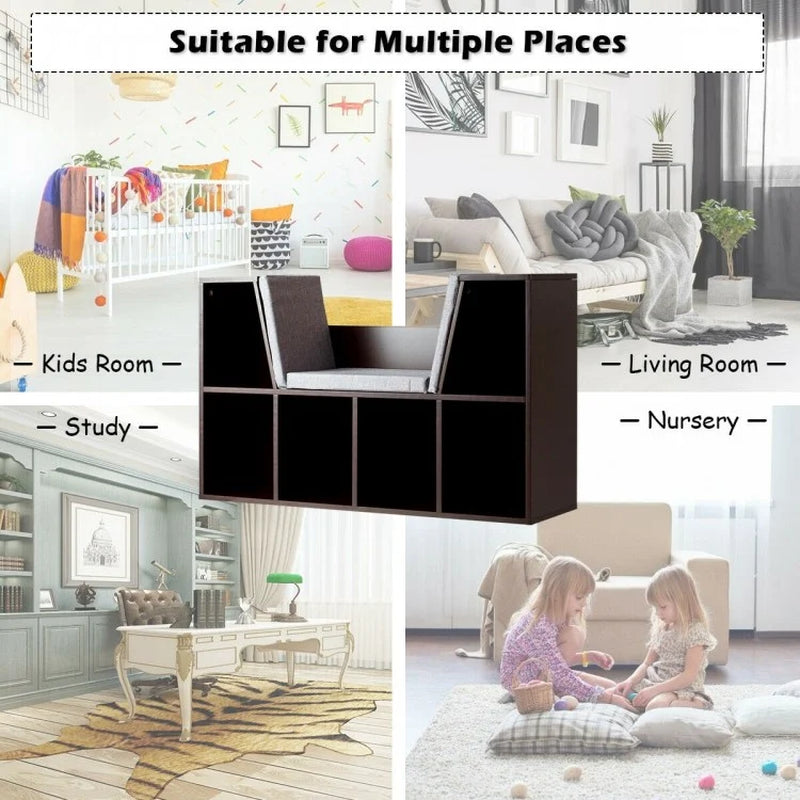 6-Cubby Children's Storage Bookcase with Integrated Cushioned Reading Nook