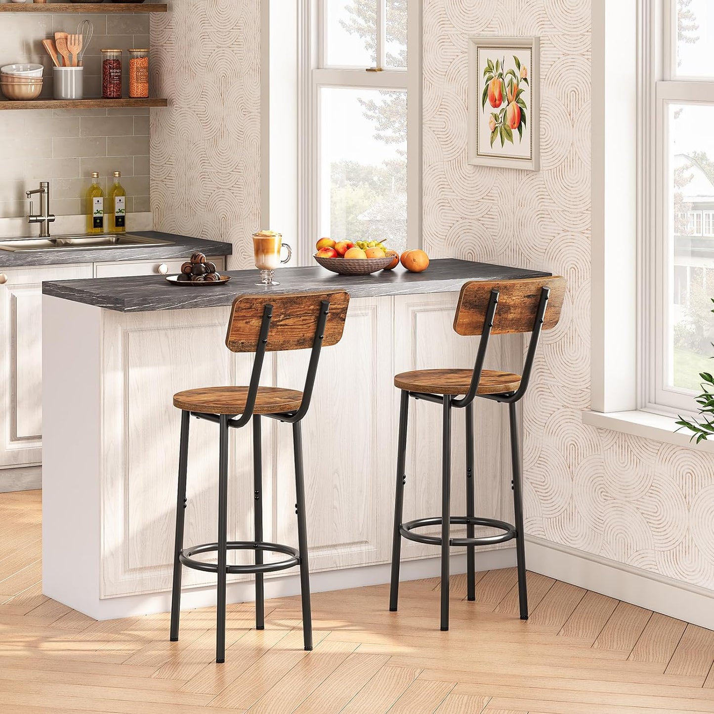 Set of 2 Adjustable Bar Stools with Footrest and Backrest, Rustic Brown and Black, Easy Assembly for Kitchen, Living Room, Bar