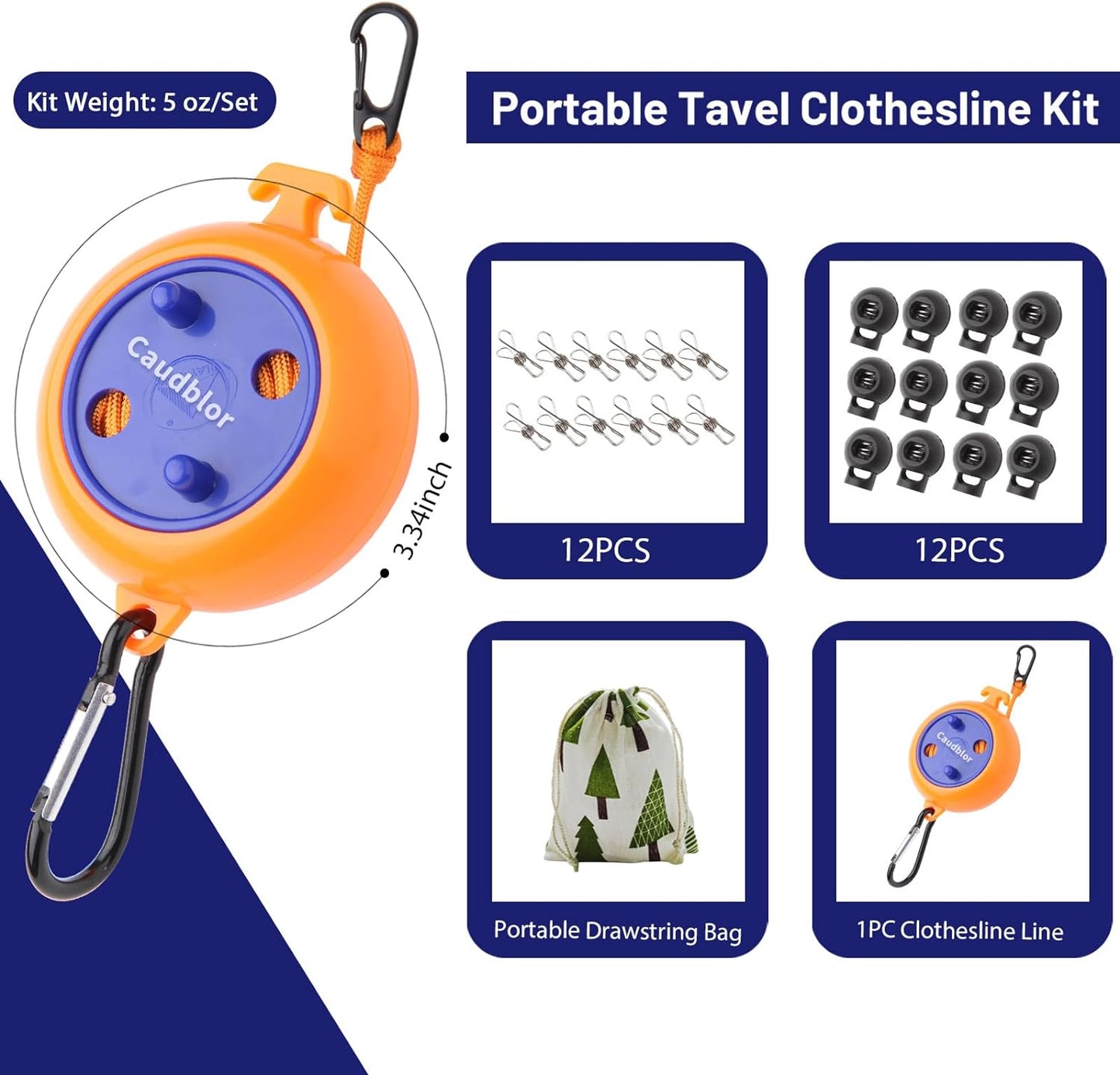 Portable Retractable Camping Clothesline with 12 Stoppers and Windproof Clothespins for Travel and Outdoor Use