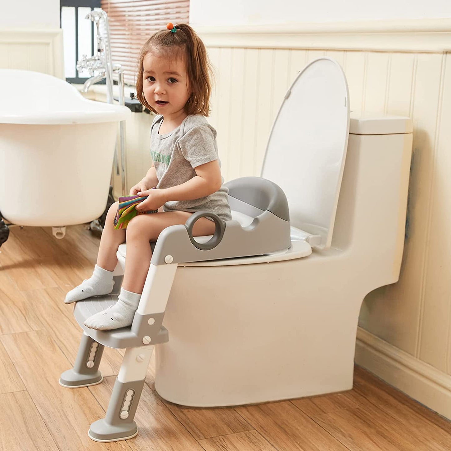 Potty Training Toilet Seat with Step Stool Ladder for Toddlers - Padded Non-Slip Design with Handles (Gray)