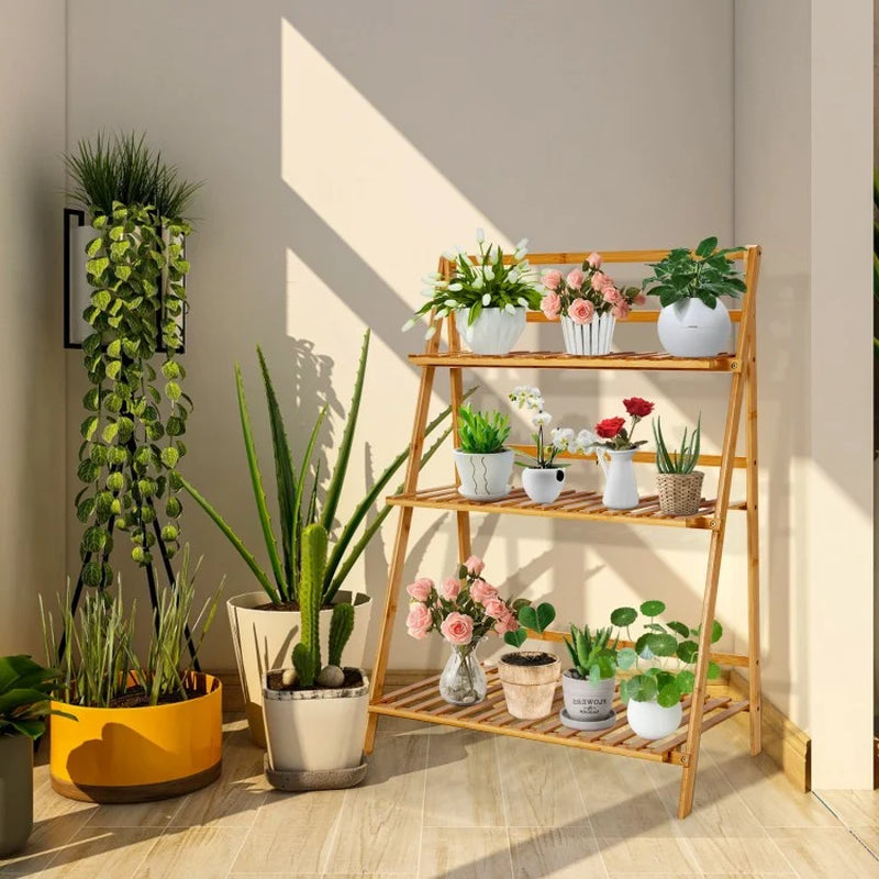Foldable 3-Tier Bamboo Plant Stand Display Shelf for Balconies