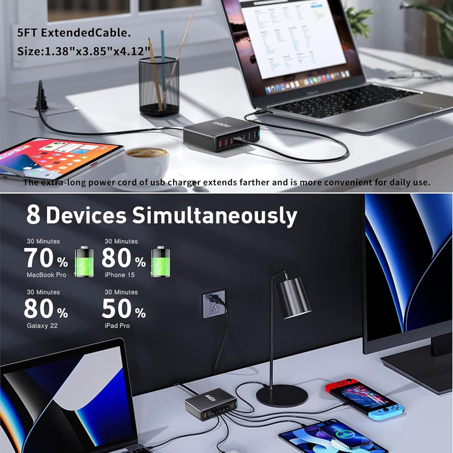 440W 8-Port USB-C GaN3 Fast Charging Station - Compatible with Laptops, iPads, iPhones 15/14/13/12/11 Pro Max, Google Pixel, Samsung