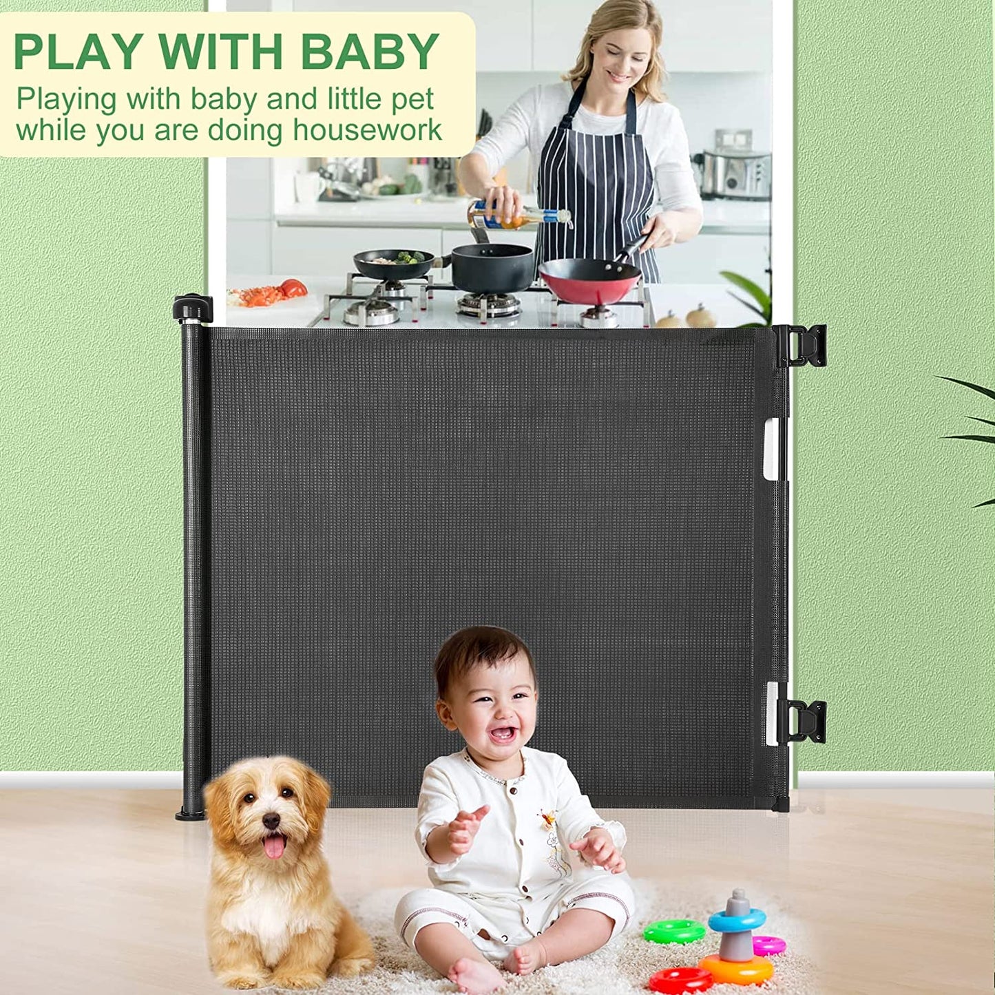 Retractable Extra Wide Baby Gate - 33” Tall, Extends to 55” Wide, Mesh Safety Gate, Kids and Pets, Suitable for Stairs, Indoor/Outdoor (33”X55” - Black)