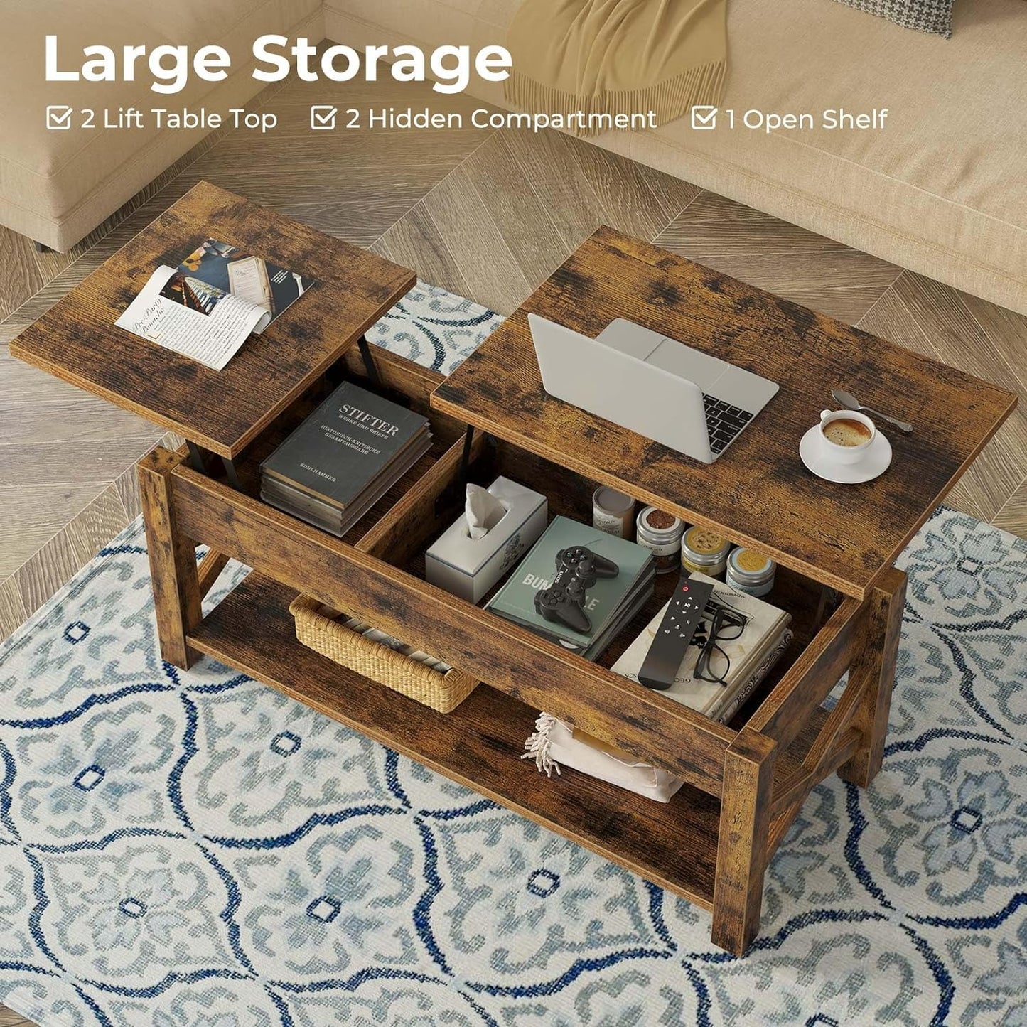 47.2" Lift Top Coffee Table with Hidden Compartment and Open Shelf, Rustic Brown Farmhouse Center Table