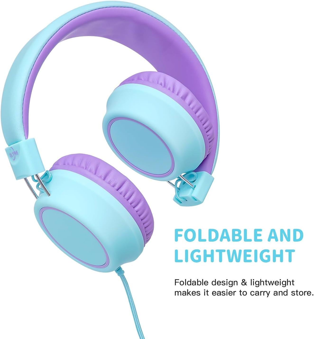 Wired Kids Headphones with Microphone and In-Line Control, Lightweight and Foldable Design for School Use - Compatible with Tablets, Chromebooks, and iPads in Green/Purple