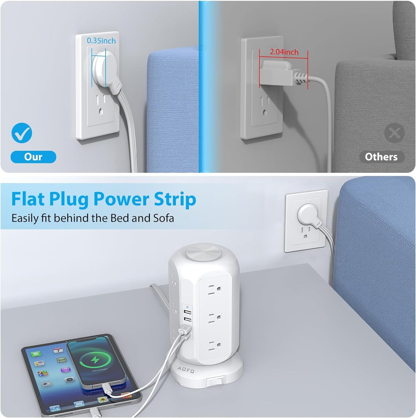 12-Outlet Tower Power Strip with 4 USB Charging Ports, Surge Protection, and 10ft Extension Cord – Ideal for Home, Dorm, and Office Use