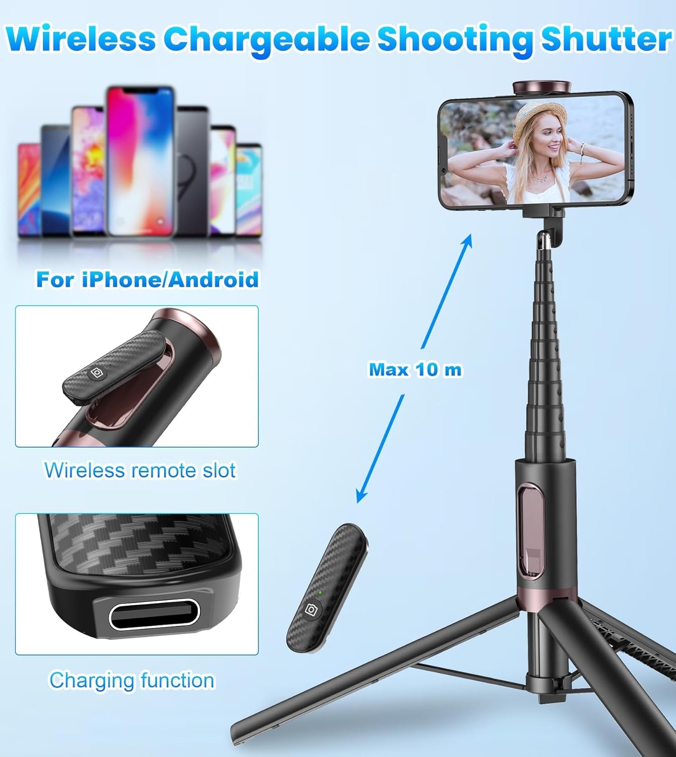 67-Inch All-in-One Travel Tripod and Selfie Stick for Smartphones with Integrated Wireless Remote - Portable, Lightweight, and Extendable for iPhone/Android (Black)