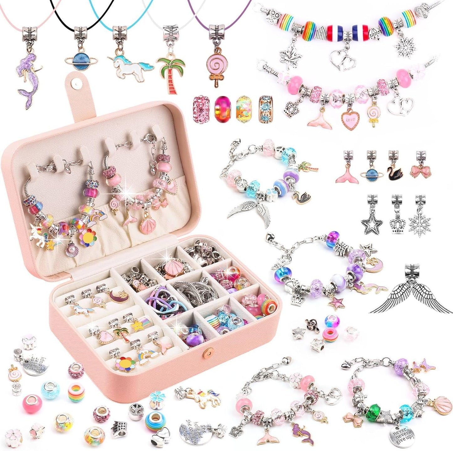 Charm Bracelet Making Kit - Girls 120 Pcs DIY Beaded Jewelry Making Kit, Unicorn & Mermaid Gifts for Girls Toys Crafts for Teen Girls Ages 5 6 7 8-12, with a Portable Bracelet Organizer Box