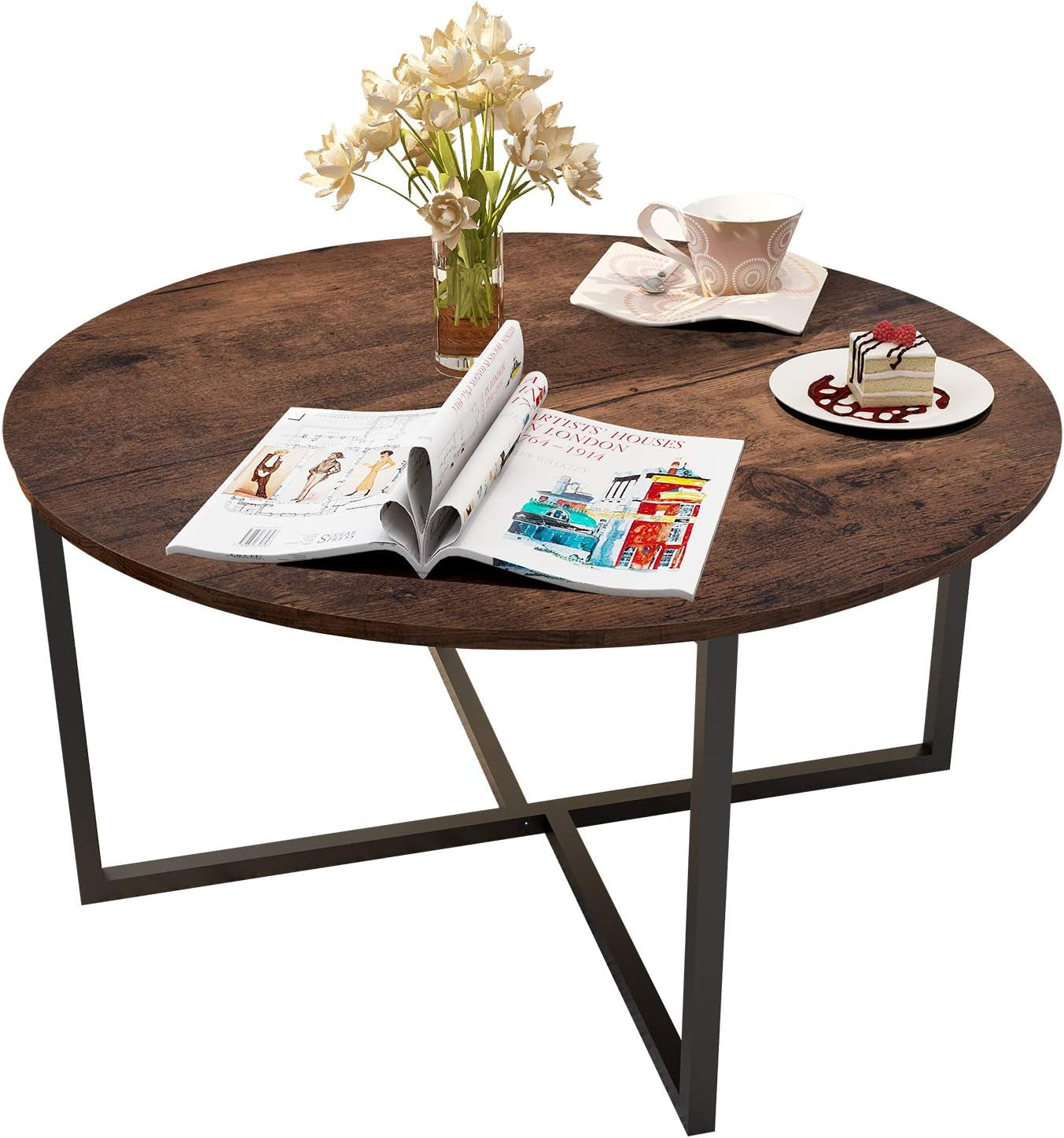 Round Coffee Table with X Base Metal Frame, Accent Furniture for Home Office, Black and Brown
