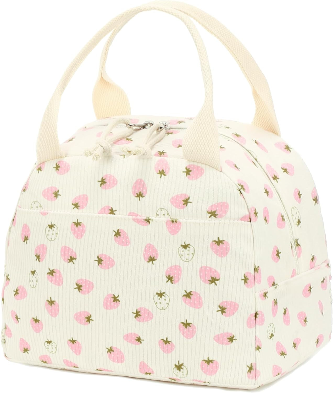 Corduroy Insulated Lunch Tote Bag for Men and Women - Reusable Large Capacity Cooler for Work, Picnics, and Travel (Strawberry Design)