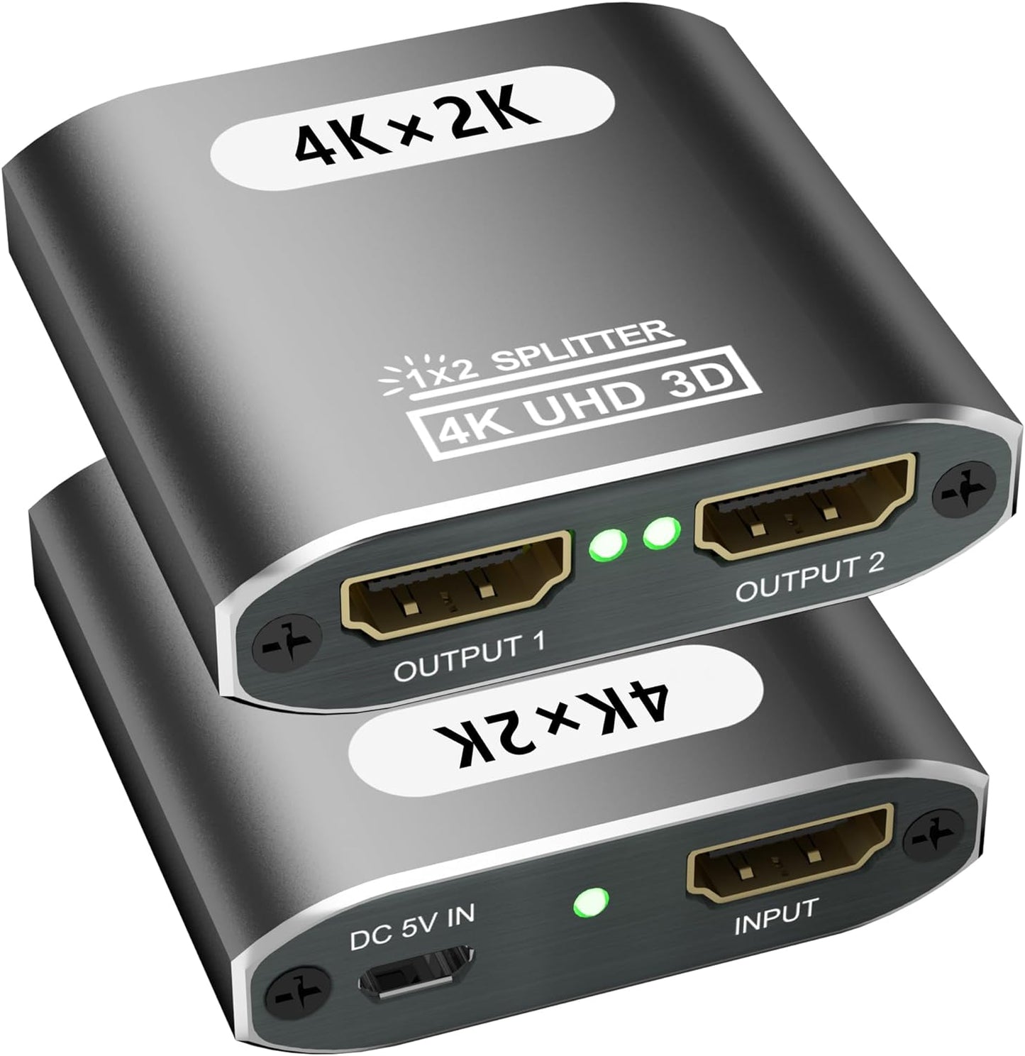 4K HDMI Splitter 1x2 for Dual Monitors, Aluminum Design, Supports 3D and Full HD 1080P, Compatible with PS4, Fire Stick, and HDTV