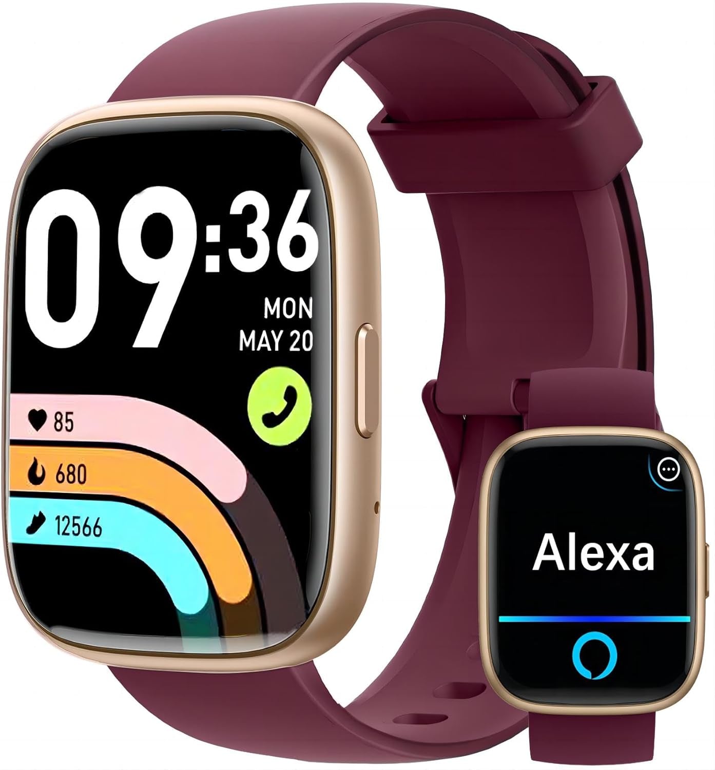 Smartwatch with Call Functionality, Built-in Alexa, 1.83" HD Touchscreen, Fitness Tracking, Heart Rate, SpO2, Sleep Monitoring, IP68 Waterproof, 100 Sports Modes